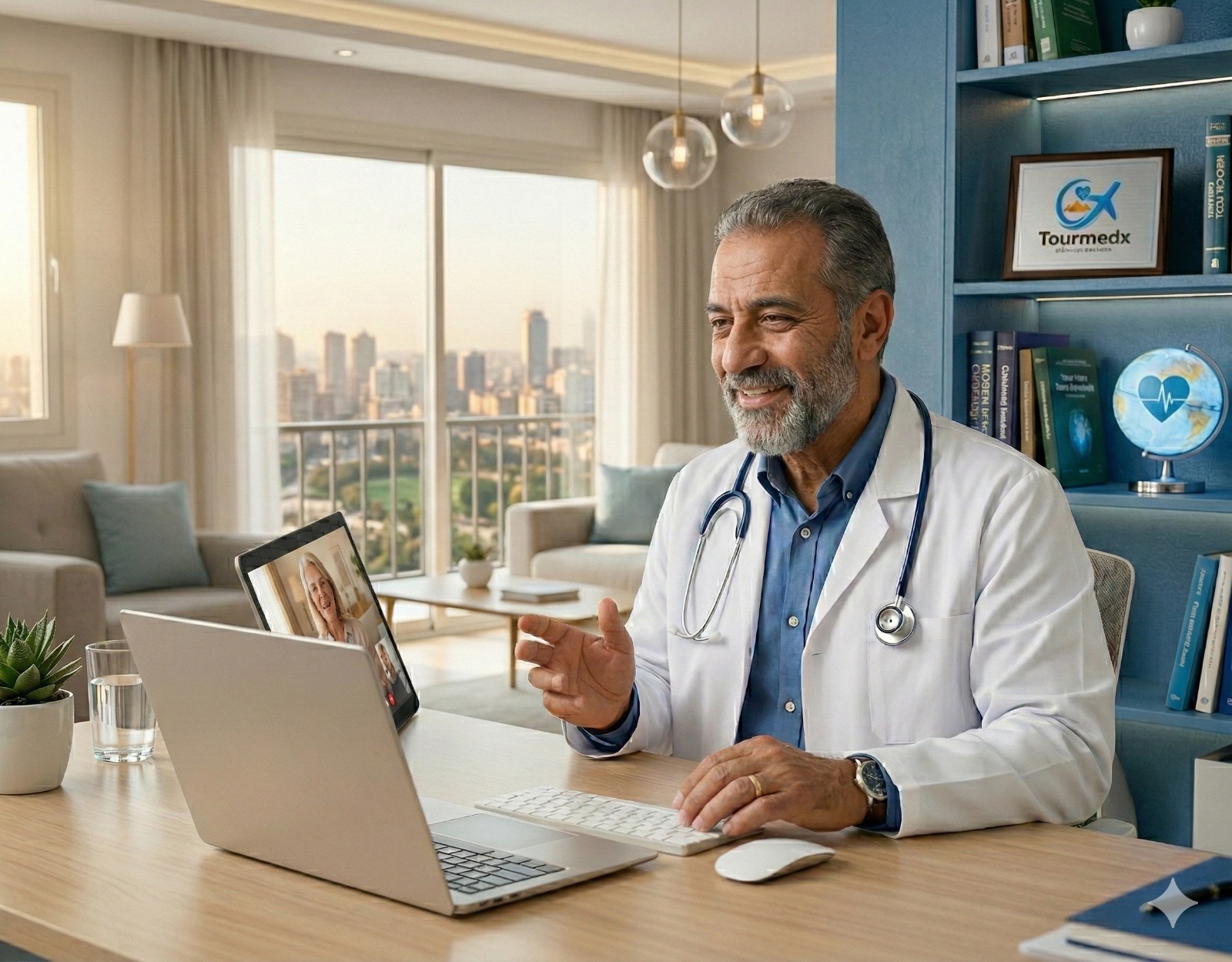 Doctor with headset providing online medical consultation